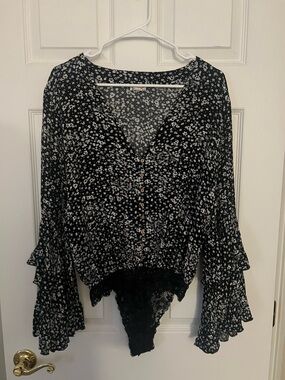 Free People Black and White Floral Button-Front Bodysuit